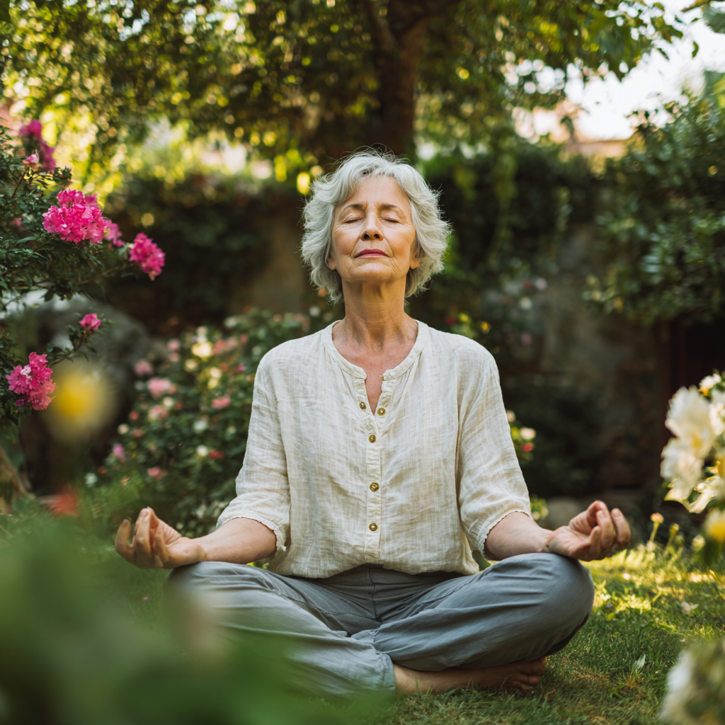Peaceful elderly European woman practicing yoga in a serene garden setting, demonstrating gentle poses