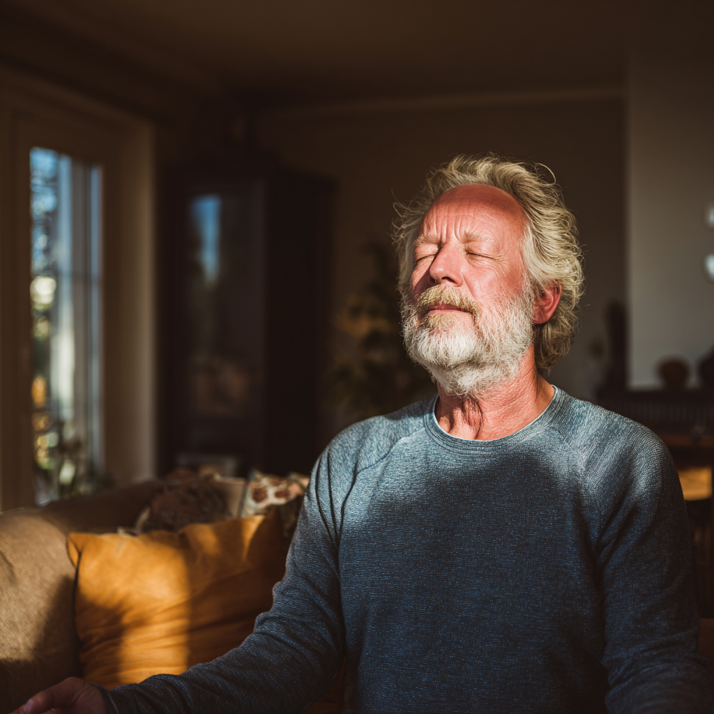 Content elderly European couple practicing gentle yoga poses together outdoors in natural lighting